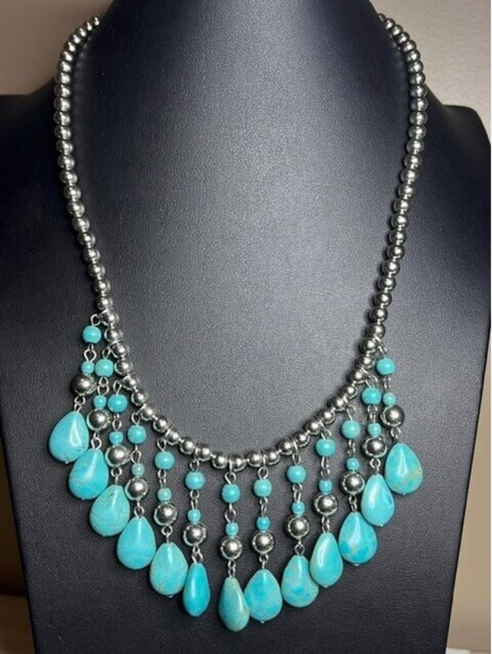 B6321 Bohemian Southwestern Statement Bib Necklace Turquoise Silver tone 17-19"
